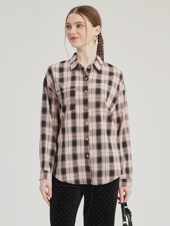 Rosa kariertes bedrucktes Hemd übergroße Frühlingsoberteile für Damen 2025