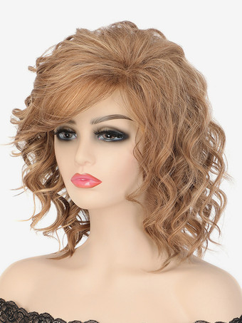 Brown Medium-length Curly Hair With Side Bangs Synthetic Fiber Wig For Women 2025