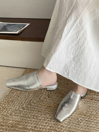 plateado Mocasines tipo mules negros planos con punta cuadrada y sin talón para mujer