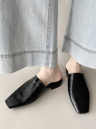 negro Mocasines tipo mules negros planos con punta cuadrada y sin talón para mujer