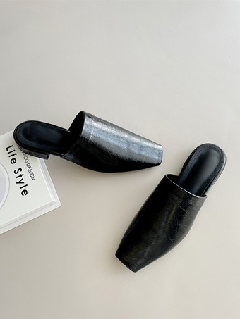 Mocasines tipo mules negros planos con punta cuadrada y sin talón para mujer