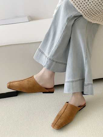 MarrónMocasines tipo mules para mujer con punta cuadrada y sin tacón planos