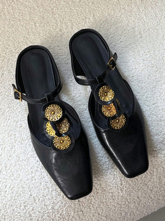 Black Women's Mules Square Toe Designed Backless Slip On Flat Shoes