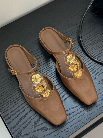 BrownBlack Women's Mules Square Toe Designed Backless Slip On Flat Shoes