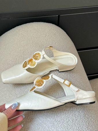 Apricot Black Women's Mules Square Toe Designed Backless Slip On Flat Shoes