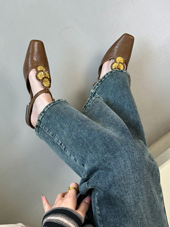 Black Women's Mules Square Toe Designed Backless Slip On Flat Shoes