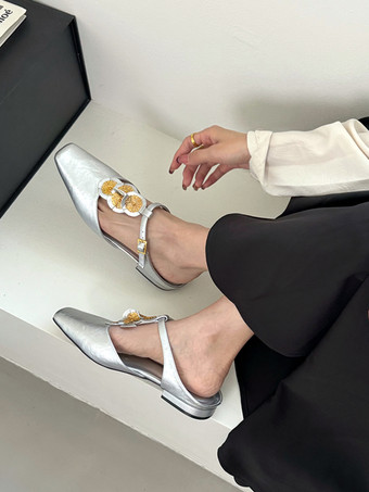 Silver Black Women's Mules Square Toe Designed Backless Slip On Flat Shoes