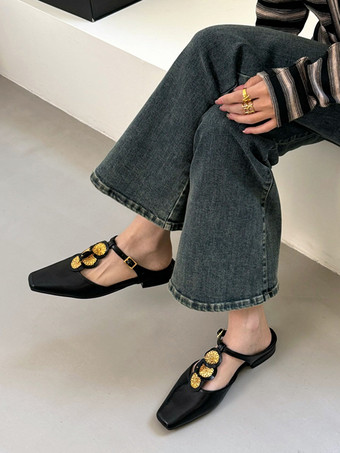 Black Black Women's Mules Square Toe Designed Backless Slip On Flat Shoes