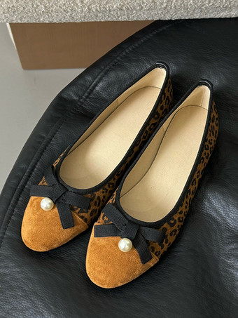 MarrónBailarinas planas con punta redonda y estampado de leopardo para mujer