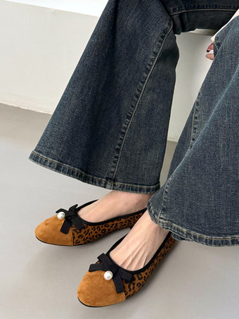 Bailarinas planas con punta redonda y estampado de leopardo para mujer