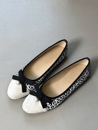 blanco Bailarinas planas con punta redonda y estampado de leopardo para mujer