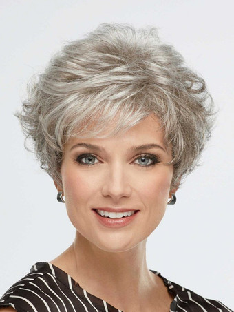 シルバー ショートカーリーヘア デイリー合成ふわふわウィッグ 女性用 2025