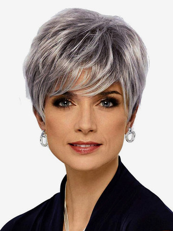 シルバー 女性用 ショートストレートヘア デイリー合成ウィッグ 2025