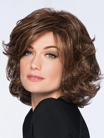 ブラウンヴィンテージ カーリーヘア ミディアムレングス 合成ウィッグ 女性用 2025