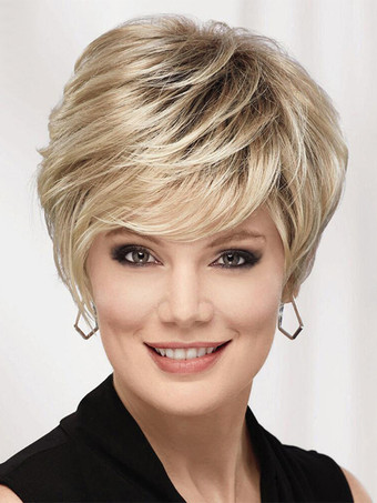 ゴールド サイドバング付きブロンドのショートストレートヘア合成繊維ウィッグ女性用 2025