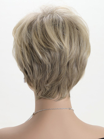 サイドバング付きブロンドのショートストレートヘア合成繊維ウィッグ女性用 2025