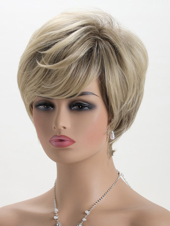 サイドバング付きブロンドのショートストレートヘア合成繊維ウィッグ女性用 2025