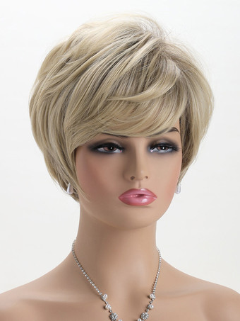 サイドバング付きブロンドのショートストレートヘア合成繊維ウィッグ女性用 2025
