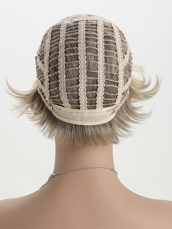 サイドバング付きブロンドのショートストレートヘア合成繊維ウィッグ女性用 2025