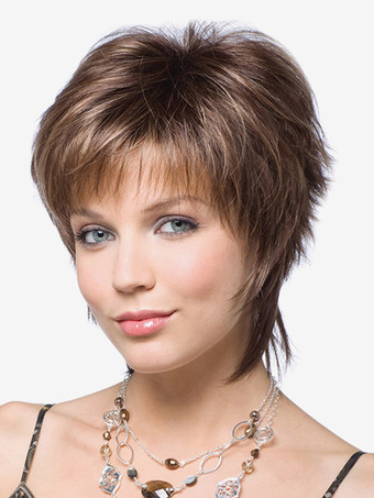 ブラウンショートボブウィッグ 前髪付き サイドパート 合成ウィッグ 女性用 2025