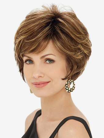 ブラウンサイドバング付きブラウンショートヘア合成ウィッグ女性用 2025