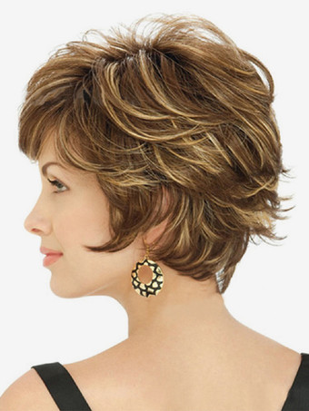 サイドバング付きブラウンショートヘア合成ウィッグ女性用 2025