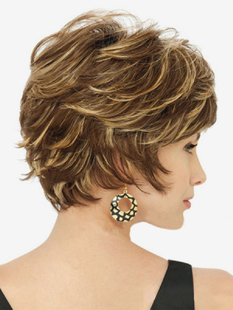 サイドバング付きブラウンショートヘア合成ウィッグ女性用 2025