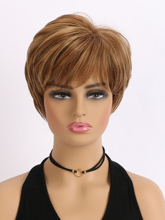 サイドバング付きブラウンショートヘア合成ウィッグ女性用 2025