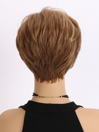 サイドバング付きブラウンショートヘア合成ウィッグ女性用 2025