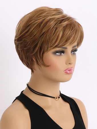サイドバング付きブラウンショートヘア合成ウィッグ女性用 2025