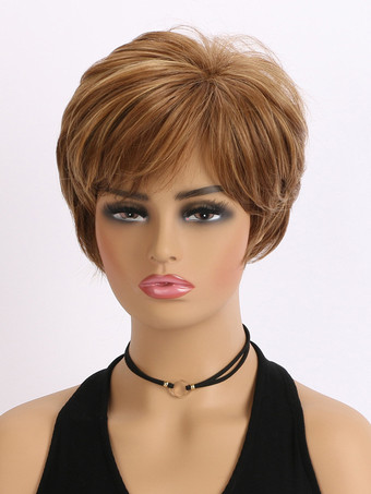 サイドバング付きブラウンショートヘア合成ウィッグ女性用 2025