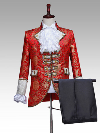 De Estilo Vintage Conjunto   burdeos Retro con botones y volantes jacquard mangas largas poliéster abrigo trajes   para hombre