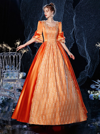 Viktorianisches Vintage-Stil Rokoko viktorianischen   Kostüm Kleid Orange Rot Maskerade Spitze Baumwolle Cosplay Kostüm Karneval Karnevalskleid