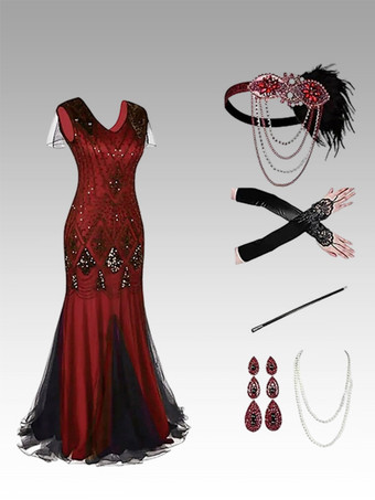 Schwarz Rot Retro Kostüme Pailletten Polyester Zubehör Damen Retro Marie Antoinette Kostüm Set Party Ballkleid