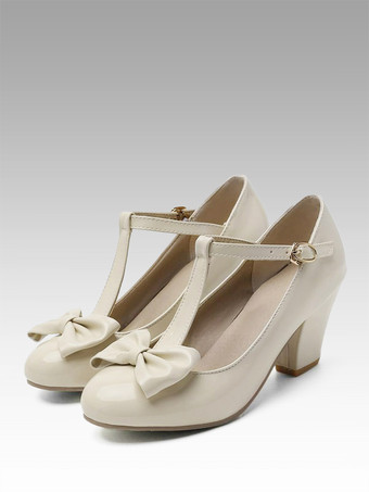 Zapatos vintage blancos Bombas de tacón grueso con lazo en T y punta redonda