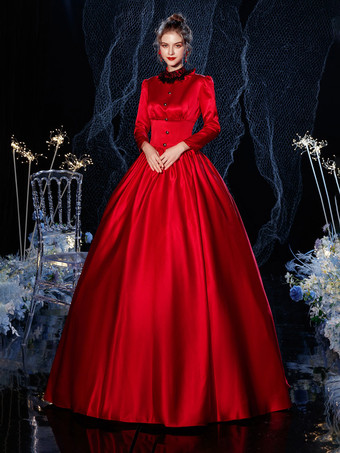 De Estilo Vintage Vestido de traje   victoriano rococó  disfraz de Cosplay de algodón de encaje rojo  carnaval Borgoña Vestido de carnaval