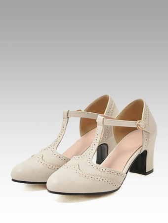 White Vintage Shoes Chunky Heek T Strap Pumps