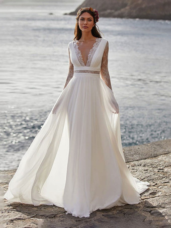 Boho Hochzeitskleid Elfenbein Spitze A-Linie Sweep Lange Ärmel V-Ausschnitt Brautkleid Kostenlose Anpassung