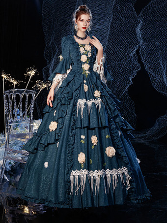Barock Damenkleid viktorianischen Retro-Kostüm Kleid geschichteten Blumendruck Marineblau Cosplay Kostüm Karneval