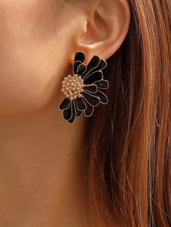 ブラック 女性用合金フラワーイヤリング 2025