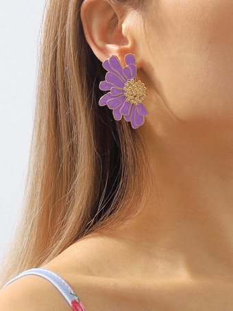 パープル 女性用合金フラワーイヤリング 2025