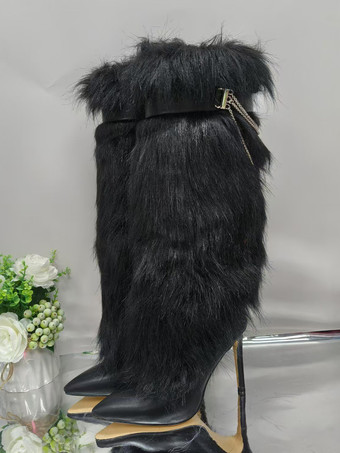 ブラック ブラック ニーハイブーツ フェイクファー 尖ったつま先 チェーンディテール 膝丈ブーツ