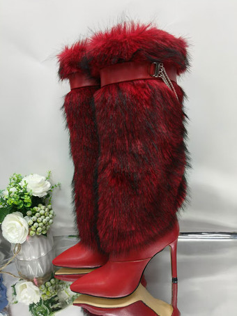 ワインレッド ブラック ニーハイブーツ フェイクファー 尖ったつま先 チェーンディテール 膝丈ブーツ