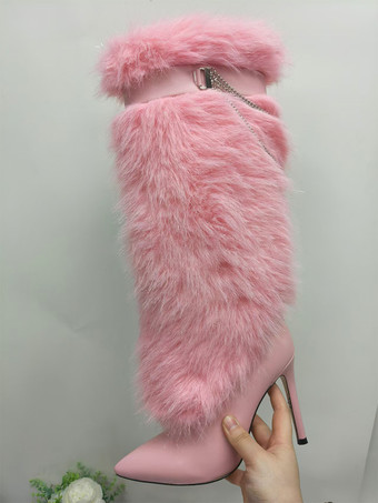ピンクブラック ニーハイブーツ フェイクファー 尖ったつま先 チェーンディテール 膝丈ブーツ