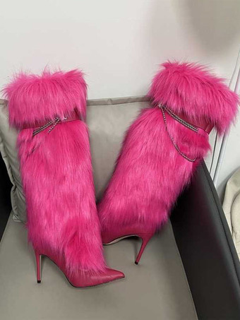 ローズレッドブラック ニーハイブーツ フェイクファー 尖ったつま先 チェーンディテール 膝丈ブーツ