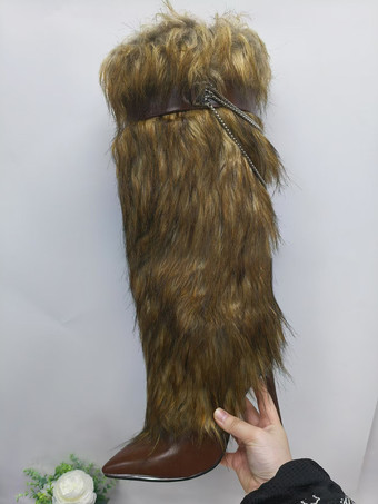 ブラウン ブラック ニーハイブーツ フェイクファー 尖ったつま先 チェーンディテール 膝丈ブーツ