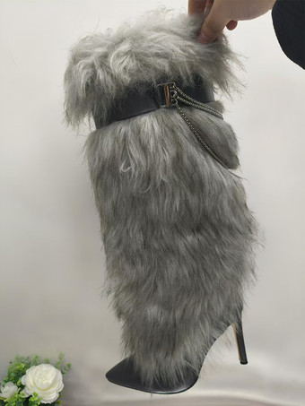 ダークグレー ブラック ニーハイブーツ フェイクファー 尖ったつま先 チェーンディテール 膝丈ブーツ