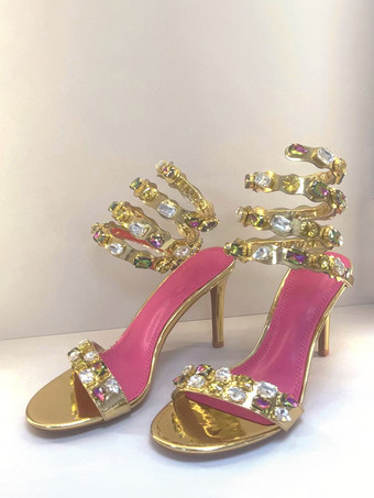 GoldGold High Heel Sandals Open Toe Rhinestones Strappy Party Shoes For Women 2025