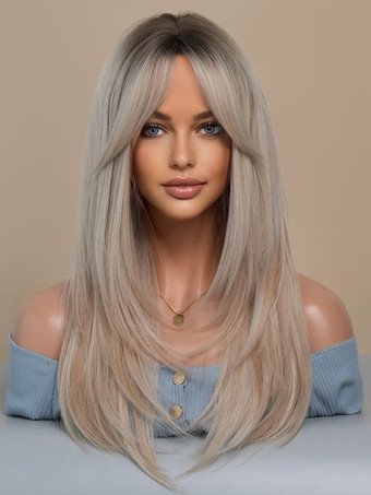 カーテンバング付きのグラデーションロングストレートヘア、レイヤードフルヘッド合成ウィッグ、女性用 2025