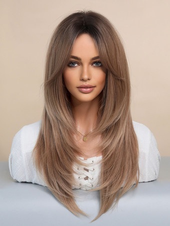 ブラウンカーテンバング付きのグラデーションロングストレートヘア、レイヤードフルヘッド合成ウィッグ、女性用 2025